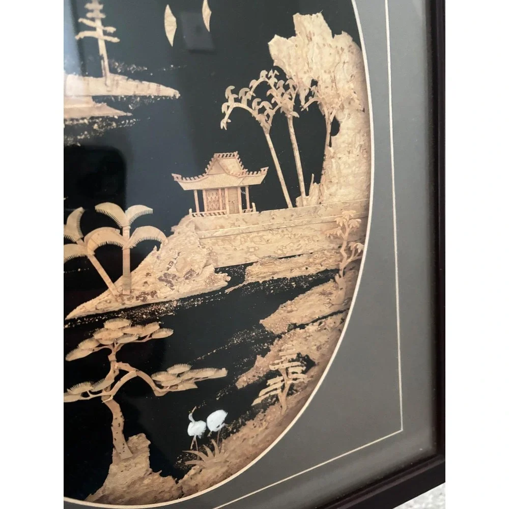 Vintage Asian Landscape Cork Art Framed Oval Scene‎ Pagoda Cranes Home Decor